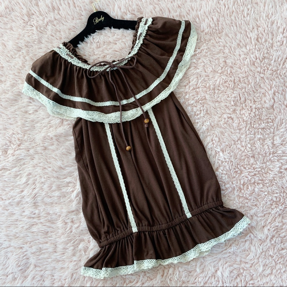 Liz Lisa Brown Eyelet Lace Trim Tunic Top